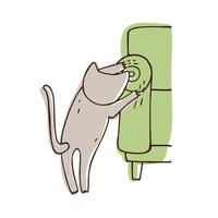 Disobedient cat scratching sofa isolated on white background. Nasty kitten tearing home furniture with claws. Problematic behavior of domestic animal. Colorful illustration in doodle style. vector