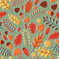 Seasonal seamless pattern with fallen autumn leaves, branches, berries and acorns on green background. Motley fall backdrop. Natural illustration for wrapping paper, wallpaper, textile print. vector