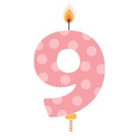 Number 9 birthday cake candle with flame light. Nine year old celebration design element. Flat illustration isolated on white background. vector