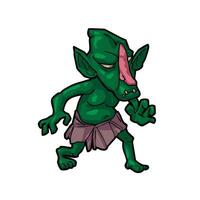 Cartoon Goblin Character Funny Green Fantasy Creature with Big Ears and Sharp Teeth vector