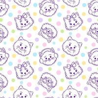 Seamless pattern with cat faces and dots on white background. vector