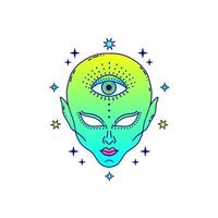 Alien face with third eye in neon green and blue tones, surrounded by stars, gradient colors, psychedelic concept. vector