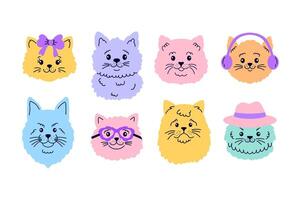 Collection of cat faces in doodle style on white background. vector