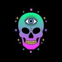 Skull with third eye in neon pink and green tones, surrounded by stars, gradient colors, psychedelic concept. vector