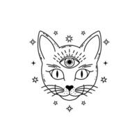 Cat with mystical eye in doodle style on white background. vector