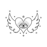 Heart with wings and mystical eye in doodle style on white background. vector