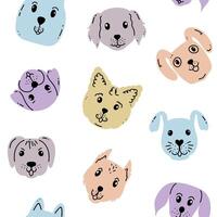 Seamless pattern with dog faces in doodle style on white background. vector
