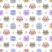 Seamless pattern with cat faces and paws on white background. vector