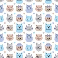 Seamless pattern with cat faces and hearts on white background. vector