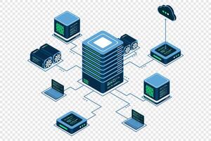 Computer technology isometric illustration. Computation of big data center. Cloud computing. Online devices upload and download information. Isometric technology vector