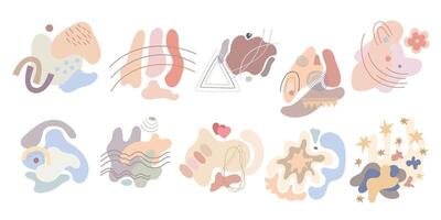 Abstract shapes set hand drawn illustration, simple doodle design elements lines, textures, curves, stains. Modern trendy freehand pattern for social media, posters, templates vector