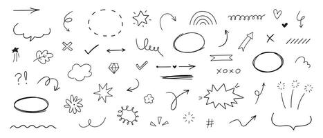 Hand drawn collection line elements. Doodle sketch style arrows, scribbles, stars, speech bubbles and underlines. Grunge element set. vector