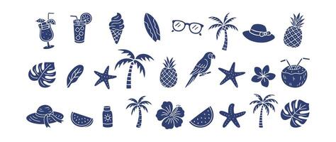 Set of tropical summer icons in hand drawn silhouette style. Minimal symbols of beach drinks, palm trees, fruits, flowers, and travel items for vacation print, label, web design, and packaging vector