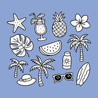 Set of hand drawn summer beach icons with tropical fruits drinks palm trees accessories and vacation elements in bold line style for stickers print web and kids design vector