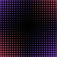 Vibrant halftone gradient with red and purple dots on a black background, forming a hypnotic tunnel-like effect. Retro pop-art digital pattern. vector