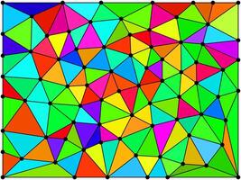 A colorful abstract geometric pattern composed of various vibrant triangles connected by black dots at their vertices, forming a dynamic mosaic-like design. vector
