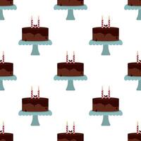 Seamless pattern with chocolate cake with candles. Flat background for birthday. vector