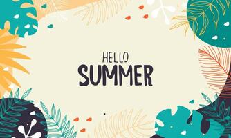 Hello summer. Summer background with tropical leaves and letters. vector