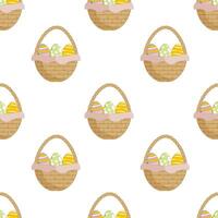 Seamless pattern with basket filled with Easter eggs.Background of Easter celebration. Spring illustration. vector