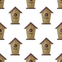 Seamless pattern with birdhouse and bird feeder on white background. Spring background. vector