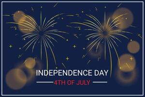 4th of July Happy Independence Day Banner. Template with text, golden fireworks and bokeh on dark blue background. vector