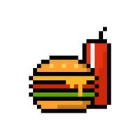 Pixel hamburger with soda. Colorful appetizing snack bread and beef bun with cheese and can of sweet drink for gaming and advertising design vector