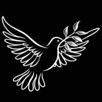 Dove of Peace with Olive Branch White Outline Silhouette on Black Background for Symbolic Logos vector