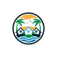 Circle Logo of Tropical Paradise Palm Tree and Ocean Elements in a Clean Design vector