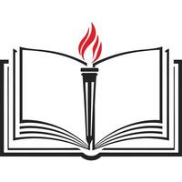 Open Book with Torch and Red Flame Black and White Symbolic for Knowledge and Power vector