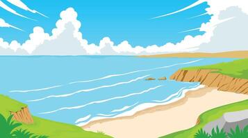 view of a beautiful beach stretching the sea and beautiful clouds in flat style, background for summer vector