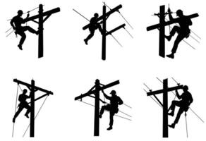 Silhouette Set of Utility Linemen Climbing and Working on Power Poles, , Illustration for Electrical Work and Maintenance Concepts. vector