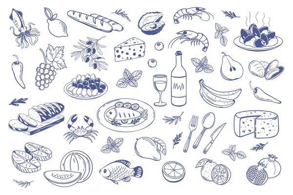 Set of hand drawn simple Mediterranean food. Fish seafood cheese olives bread. Doodle style illustration for cafe or restaurant menu design.