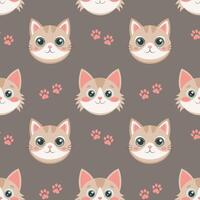 Seamless pattern of cute cat faces and paw prints. Kittens seamless pattern. Cute background for kids. vector
