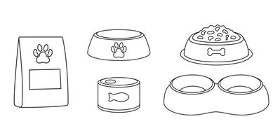 set illustration of different types of pet bowls, dry and wet food, simple linear icons, doodle and sketch style, hand-drawn, isolated on a white background vector