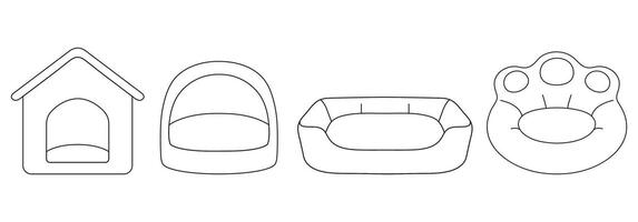 set illustration, different types of pet beds, simple linear icons, doodle style and hand-drawn sketch, isolated on a white background vector