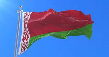 Belarus flag waving at wind in slow with bue sky, loop video