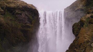 Powerful waterfall flowing between mossy cliffs in Iceland video