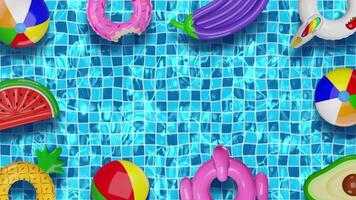 animated background with pool water and inflatables. summer animation with swimming pool and floating inflatables video