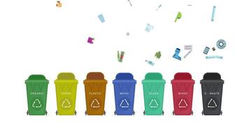 Garbage sorting bins with flying waste icons video