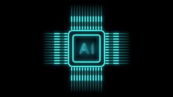 Neon AI chip glowing on black background with circuitry lines video