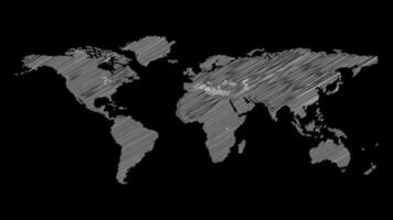 World map sketch with diagonal lines on black background video