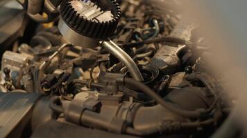 Detailed view of engine compartment during routine oil service. video