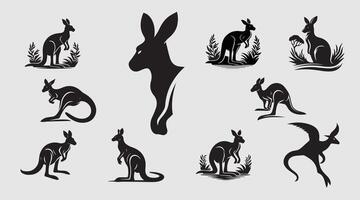 A collection of elegant kangaroo silhouettes showcasing various poses and styles in stark black against a simple grey background Perfect for logos prints or any design needing a touch of vector