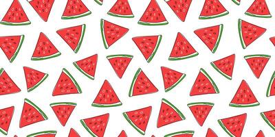 Seamless pattern, hand drawn watermelon, natural food. Simple drawing, doodle. Slices of juicy watermelon. Repeating summer background. vector