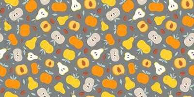 Seamless pattern abstract fruits. Apple, pear, peach, apricot. Vitamin natural food, slices and whole fruits. Color repeating background. vector