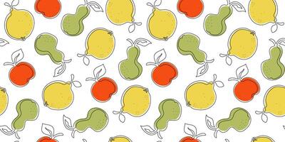Abstract fruit pattern, lemon, apple, pear. Food natural. Line art, drawing. Seamless background. vector