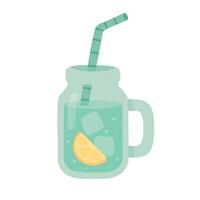 cartoon mason jar with fresh lemonade, ice cubes, straw and lemon slice. vector