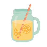 flat jar with lemonade, slices of lemon and straw in doodle cartoon style. vector