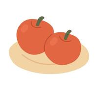 Minimal flat illustration of a plate with two red apples. Cute doodle for summer design. vector