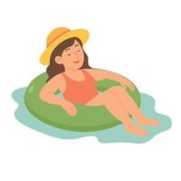 Smiling girl in swimsuit and hat floating in green inflatable ring on water in summer. vector